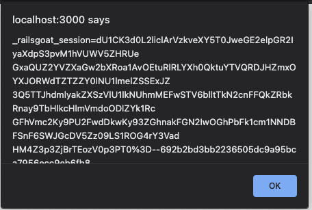 Alert message exposing RailsGoat session cookie