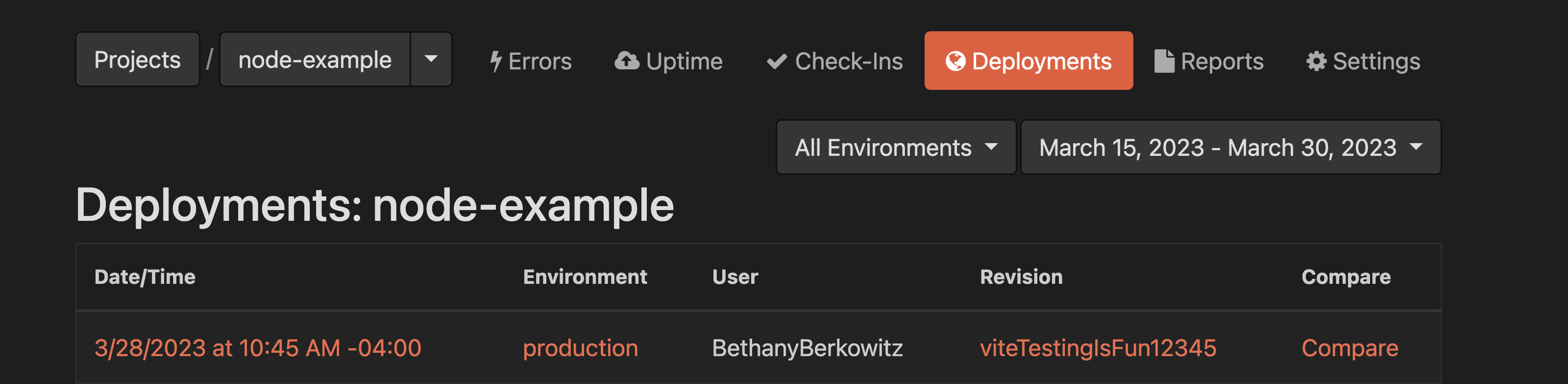 Honeybadger app: Deployments page