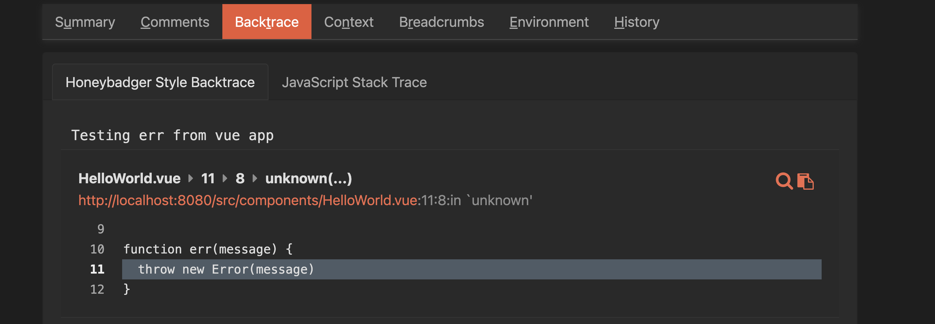 Honeybadger app: Unminified backtrace for a test error