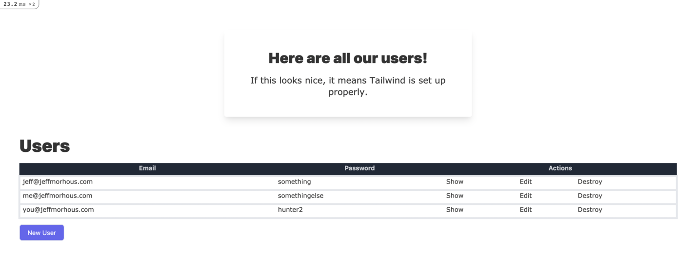 The Finished Users' Index Page With Tailwind A screenshot of the users' index page styled with even more Tailwind