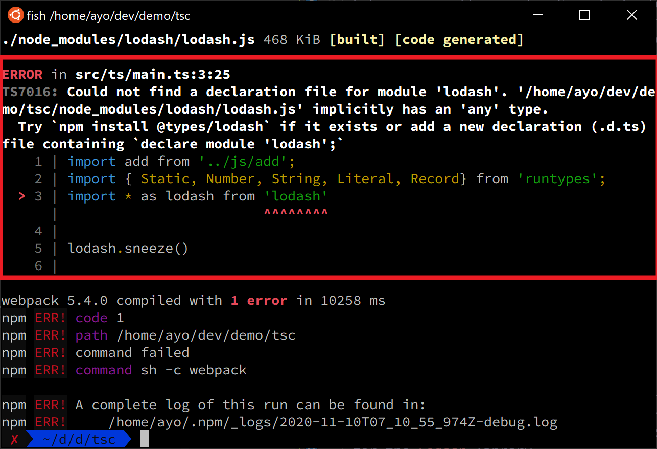 The noImplicitAny flag causes the build to fail